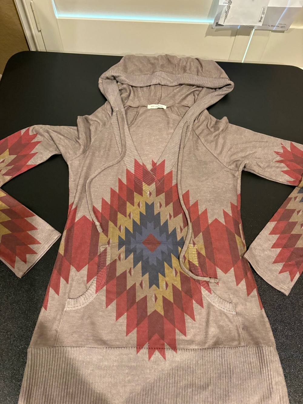 Taupe Southwestern Hooded Pullover with Red and Blue Geometric Print